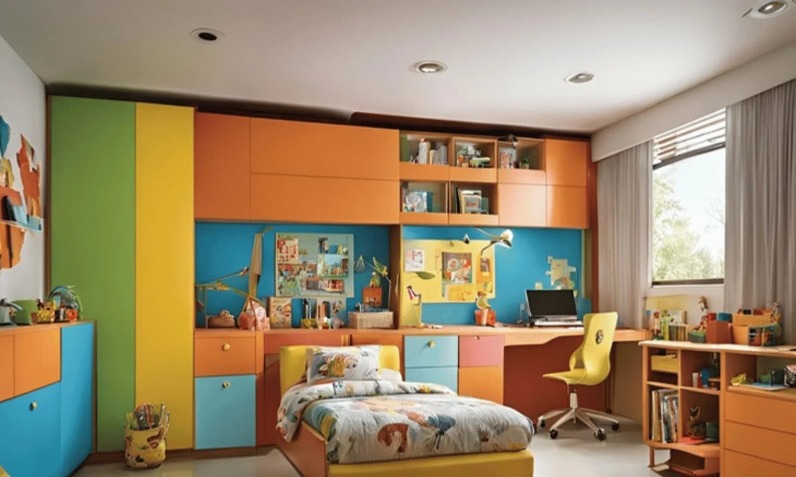 Colourful kids room interior with study desk and storage in Pune