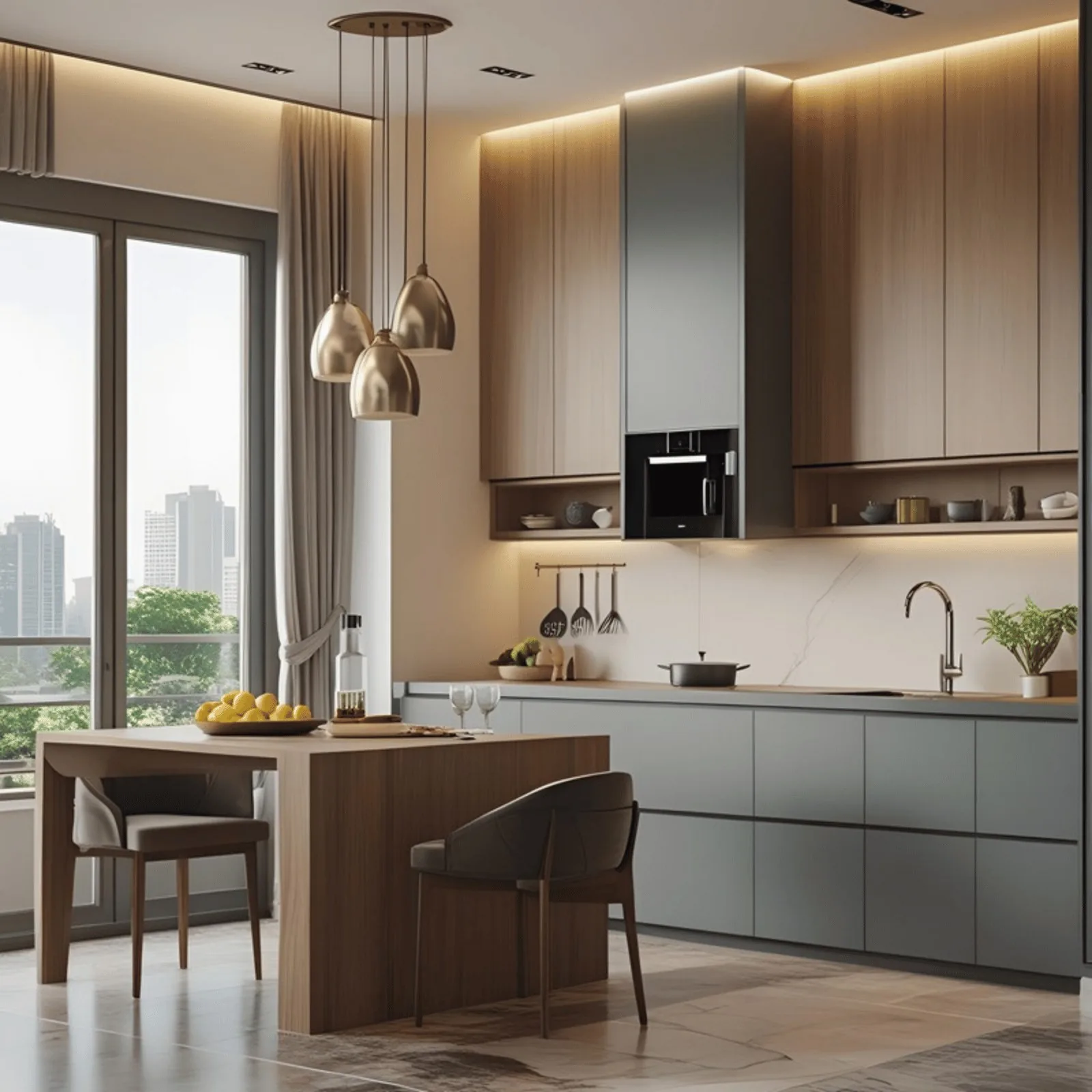 Modular kitchen design with grey base units and brass pendant lights in Pune