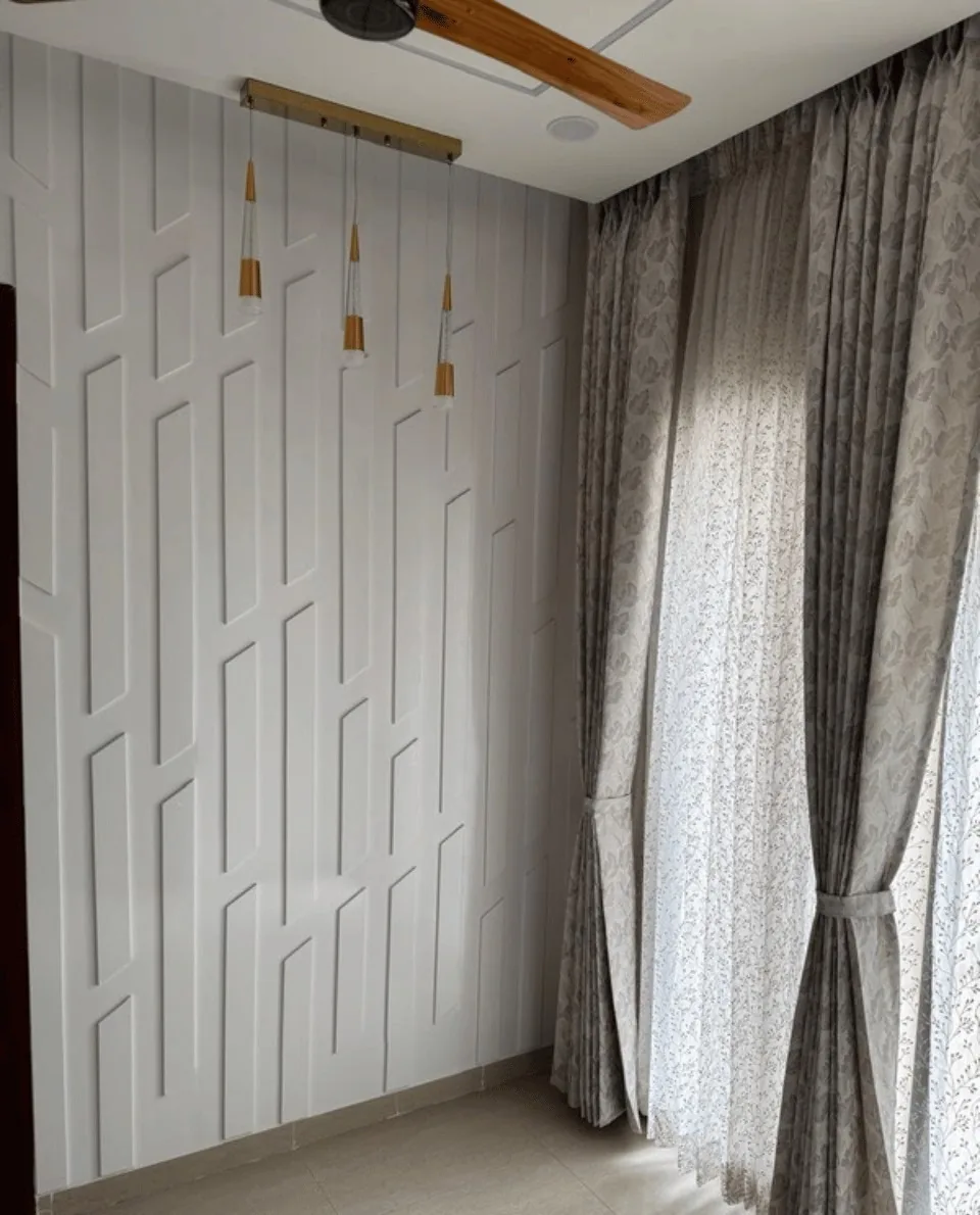 Delivered geometric wall panelling with brass pendant lights — 3 BHK turnkey, Mansha, Wagholi