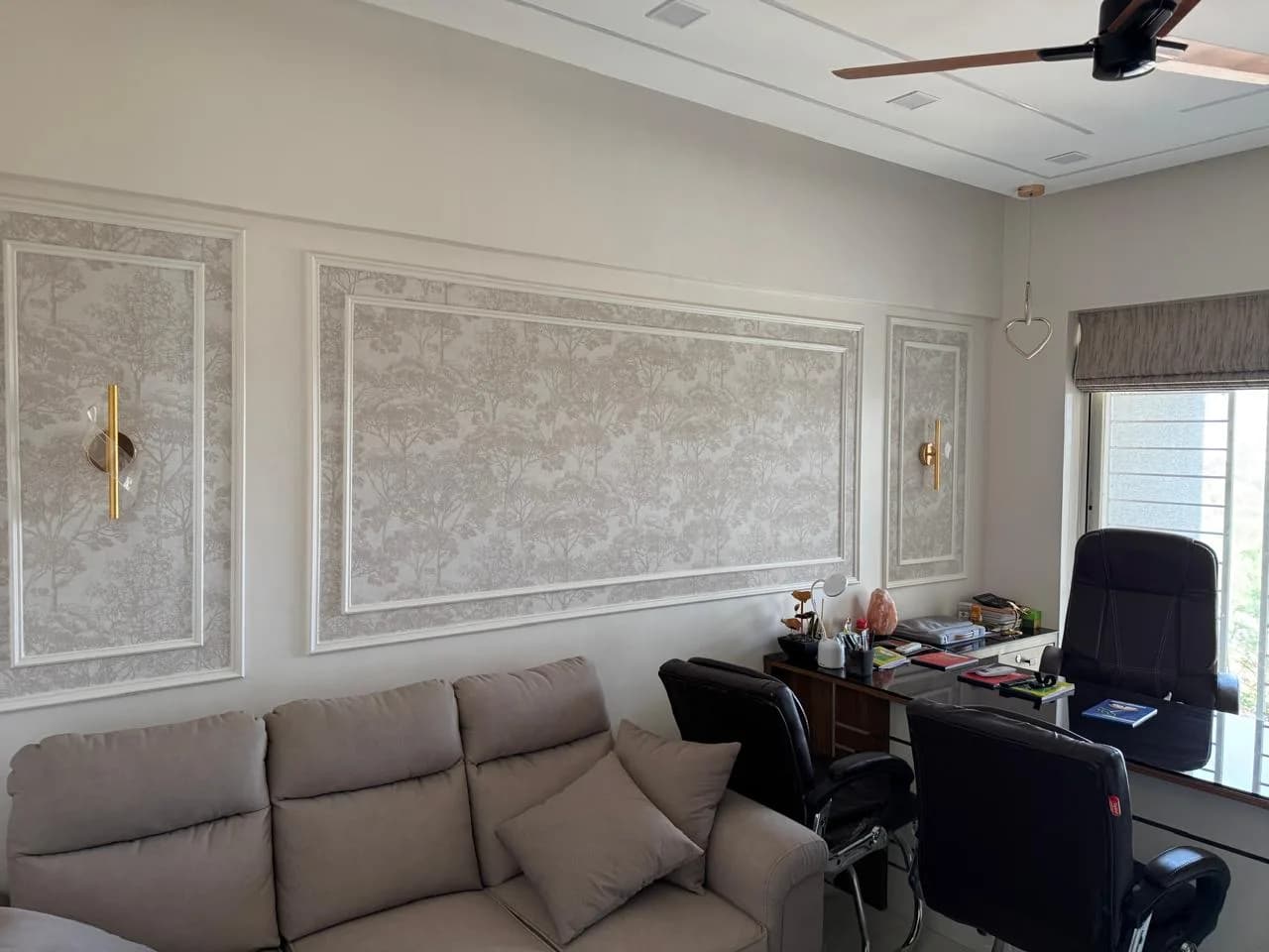 Delivered home office with framed wallpaper panels, moulding and LED wall lights — Rohan Abhilasha, Lohegaon