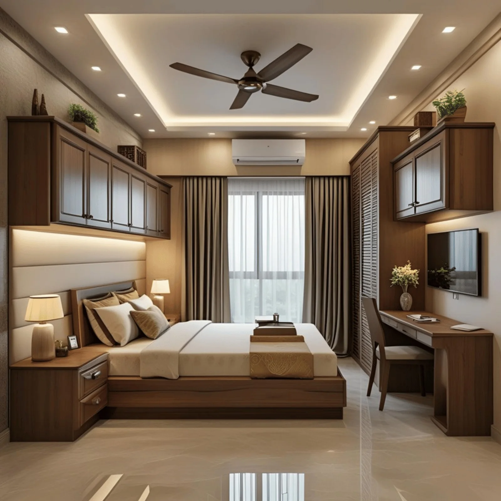 Master bedroom with fitted wardrobe, overhead loft and study table — 3 BHK, Gera World of Joy, Kharadi