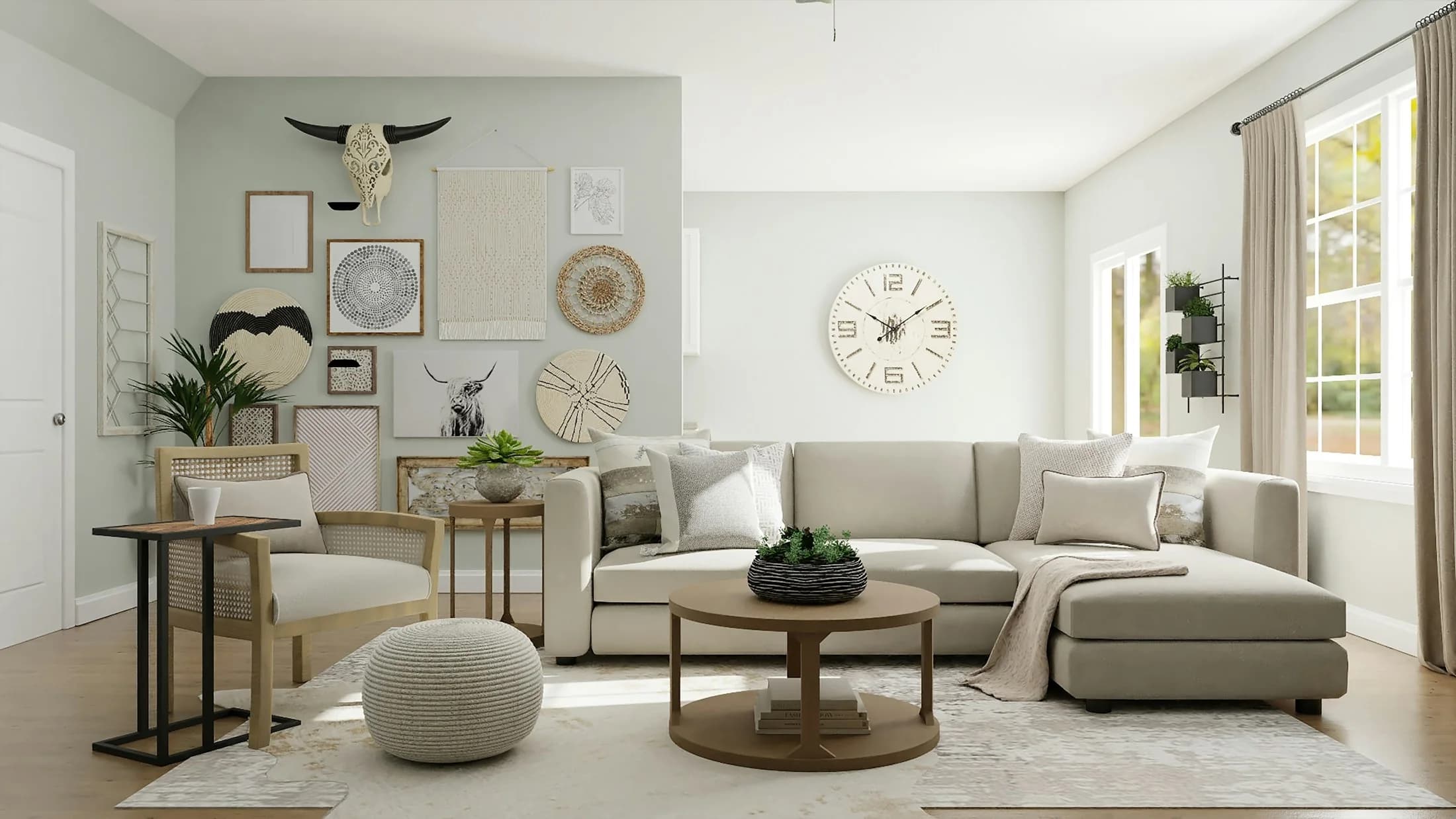 Bright living room interior with sectional sofa, gallery wall and natural light — home interior design Pune