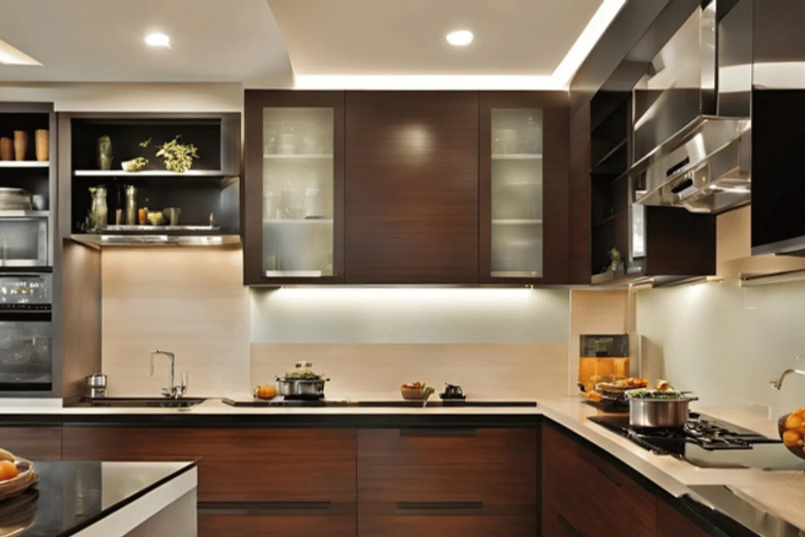 Modular kitchen with dark wood cabinetry, tall units and under-cabinet lighting — Marvel Zephyr, Kharadi