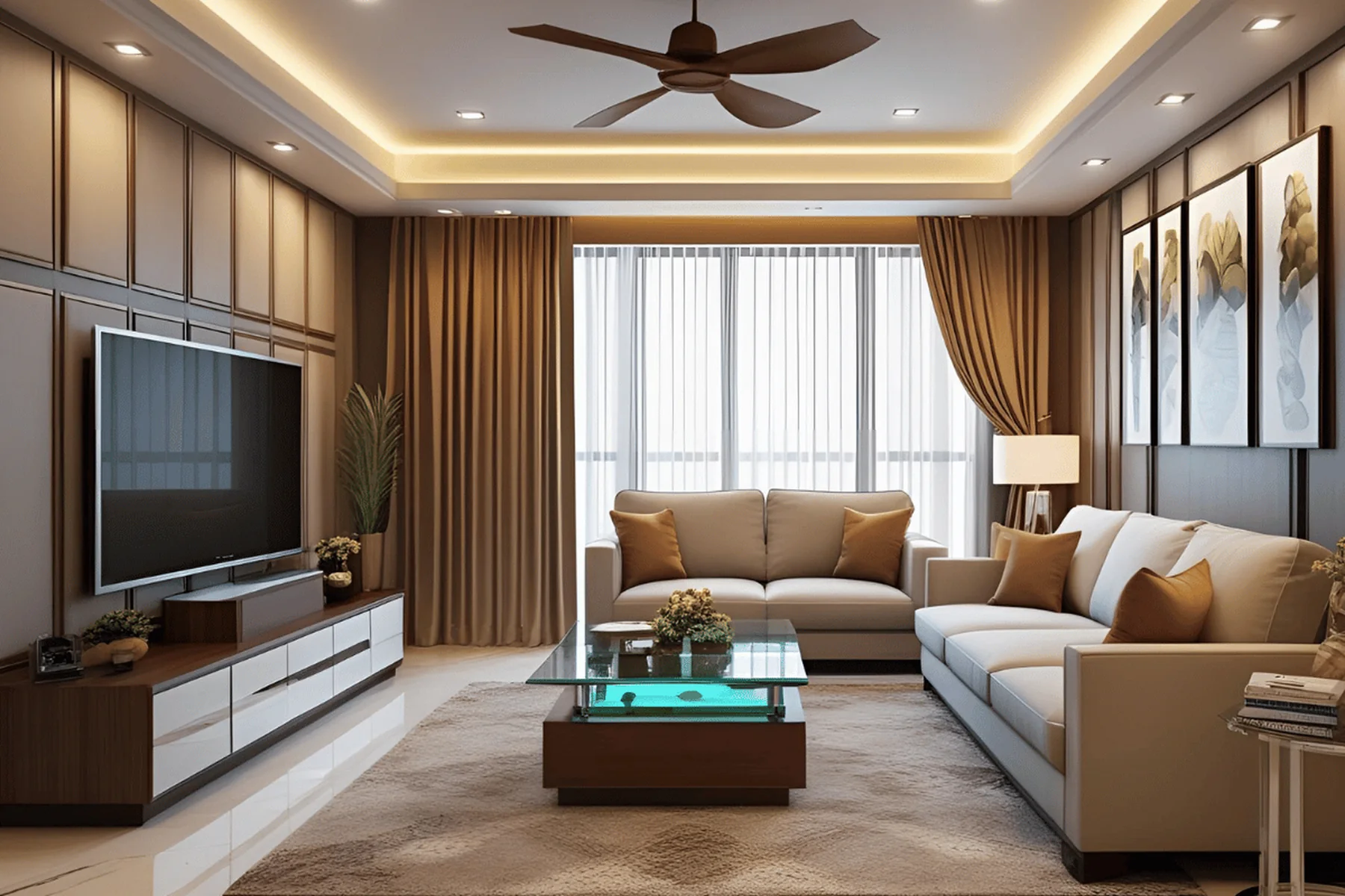 Living room with a low TV console, wall-mounted screen and storage in a Pune home