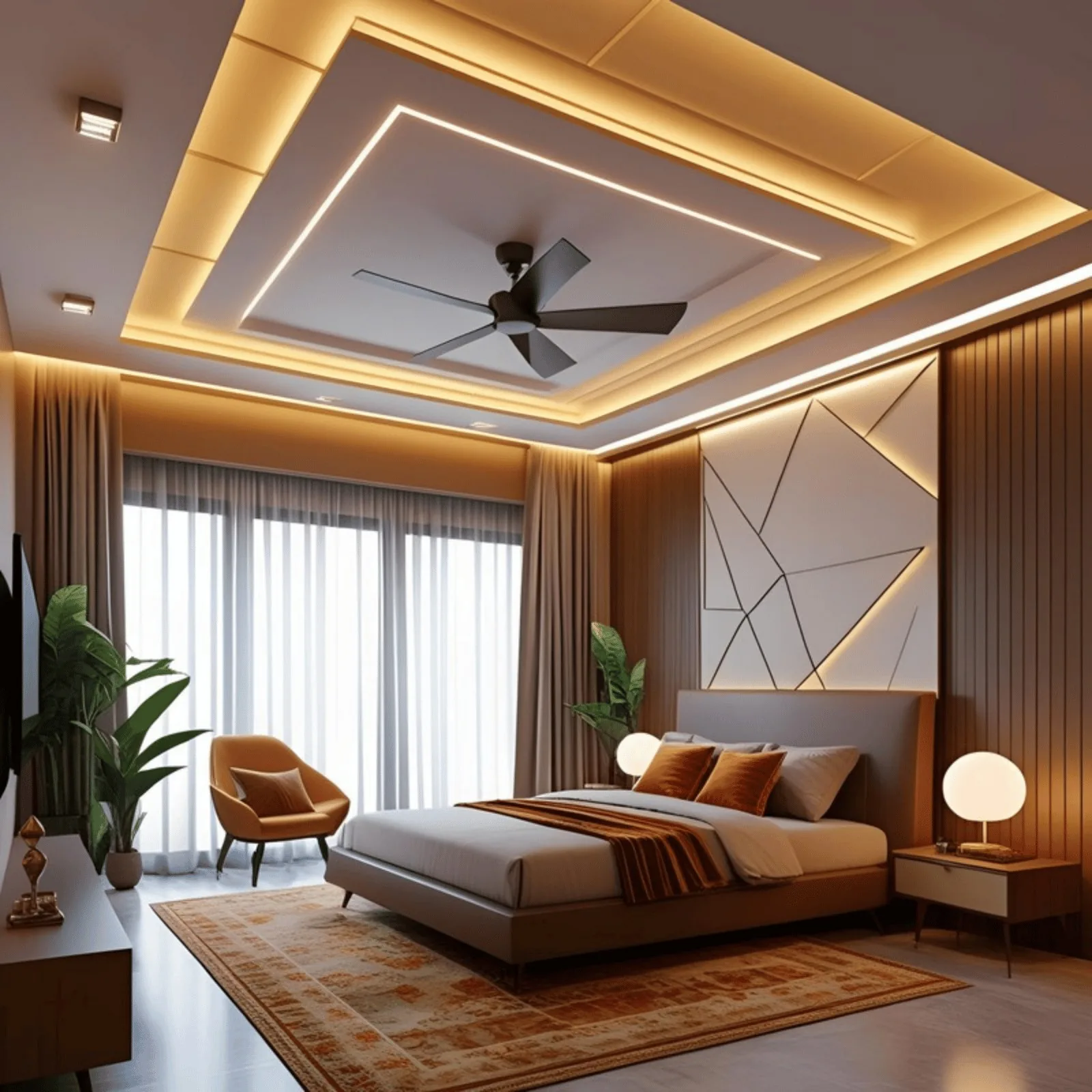 Bedroom with geometric layered false ceiling and warm cove lighting — bedroom false ceiling design Pune
