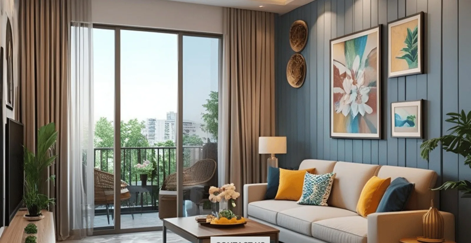 Living room with painted blue panelled wall and gallery frames — home painting in Pune by Perfect Home Decor