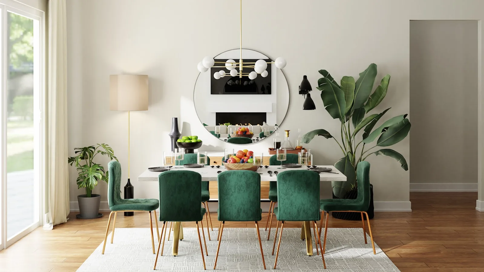 Dining room with deep green chairs against soft painted walls — colour consultation Pune