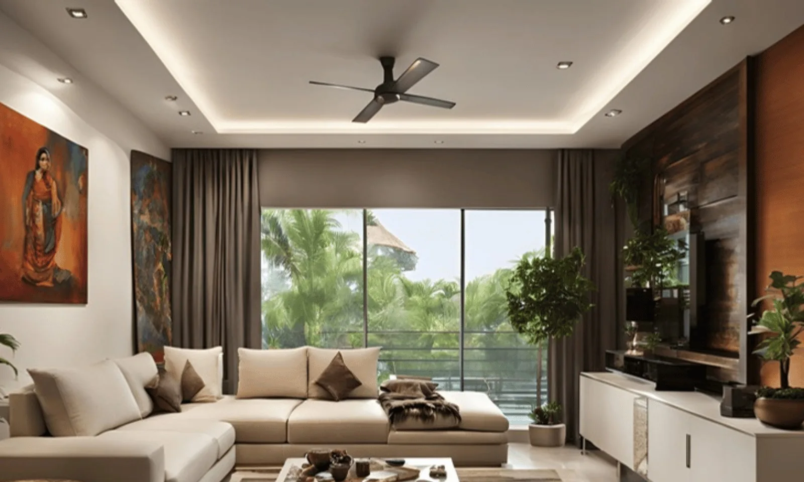 Reception-style lounge with cove-lit ceiling and art wall — commercial interior design Pune
