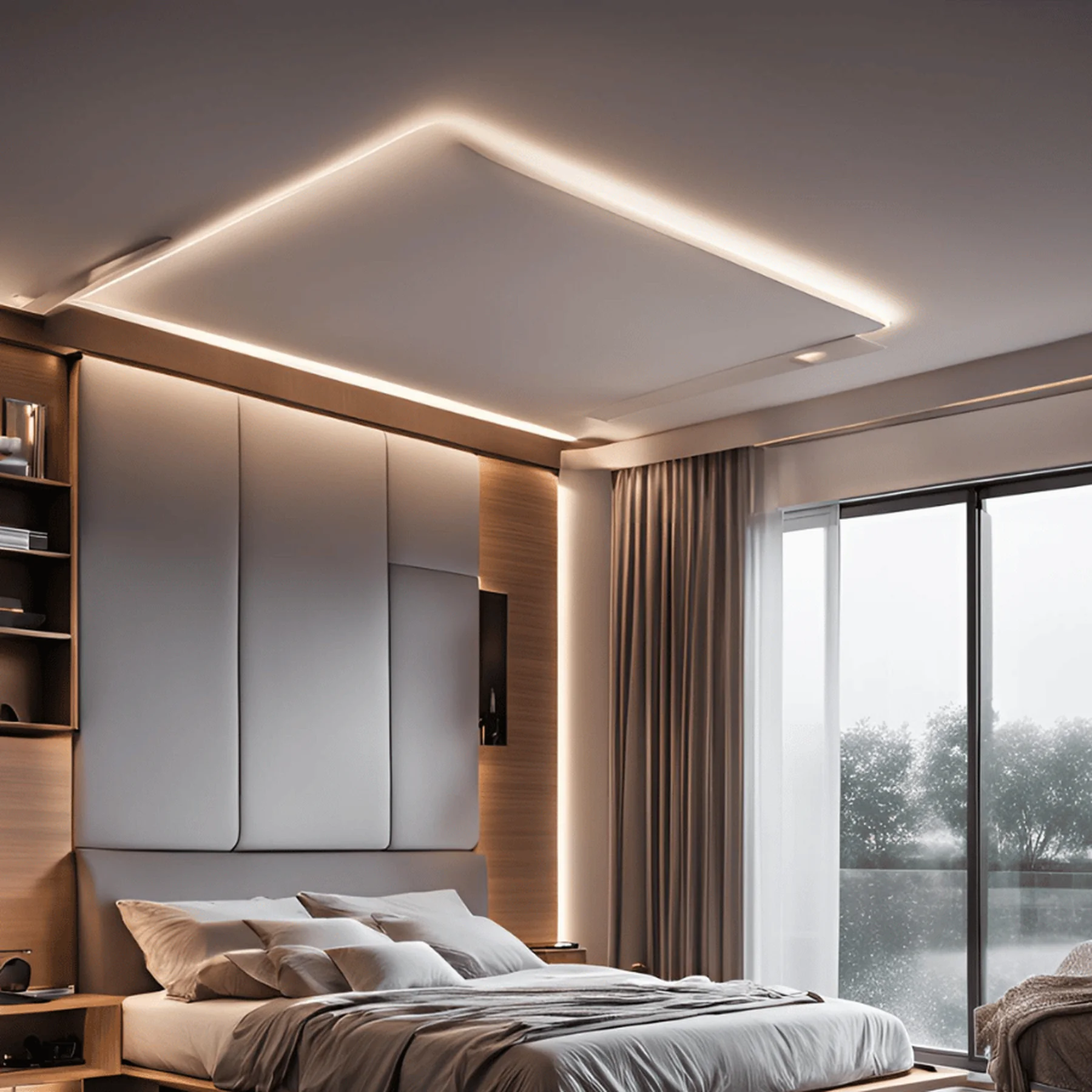 Bedroom with a cove-lit false ceiling, wood panelling and warm perimeter lighting — false ceiling design Pune