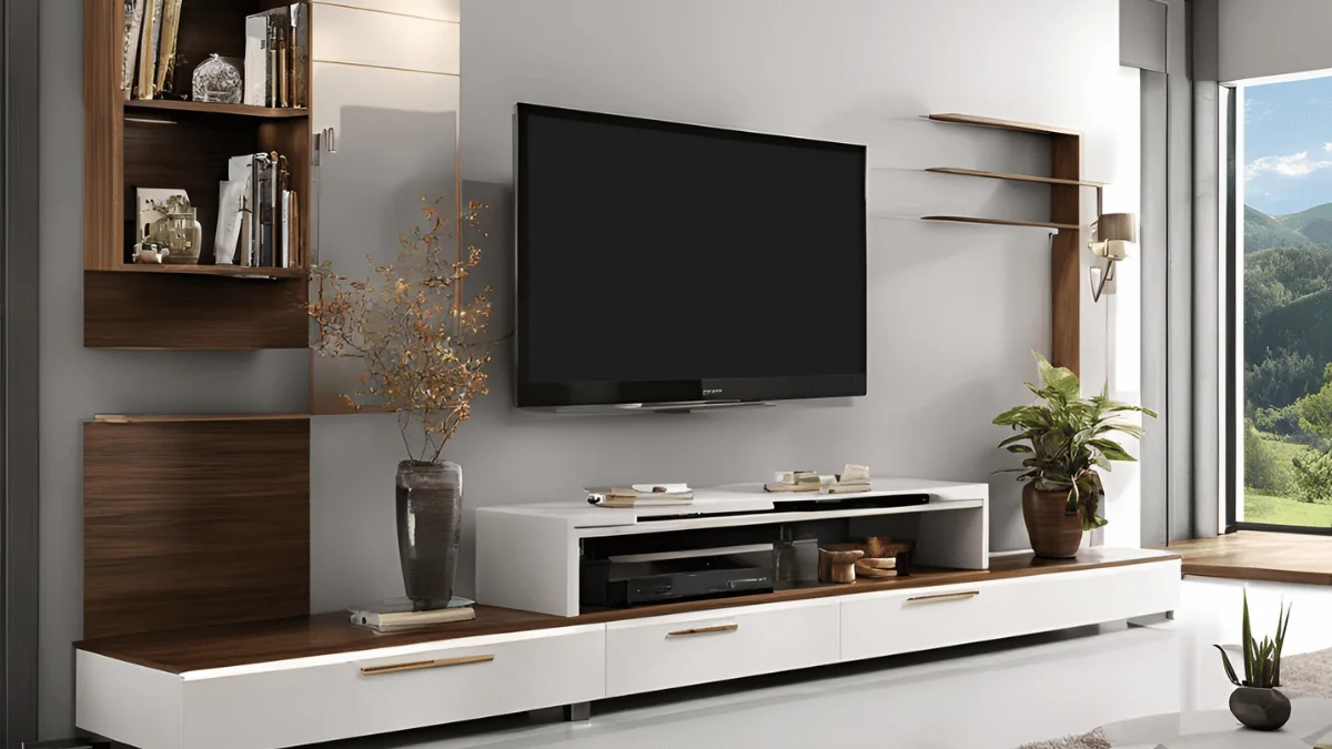 TV media wall with white drawer console, walnut open shelving and concealed cable routing — custom TV unit Pune
