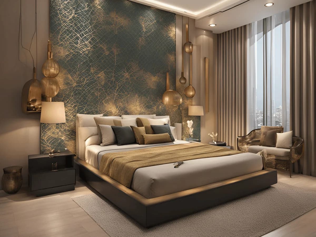 Designer bed with tall upholstered headboard, side chests and patterned feature wall — custom bed design Pune