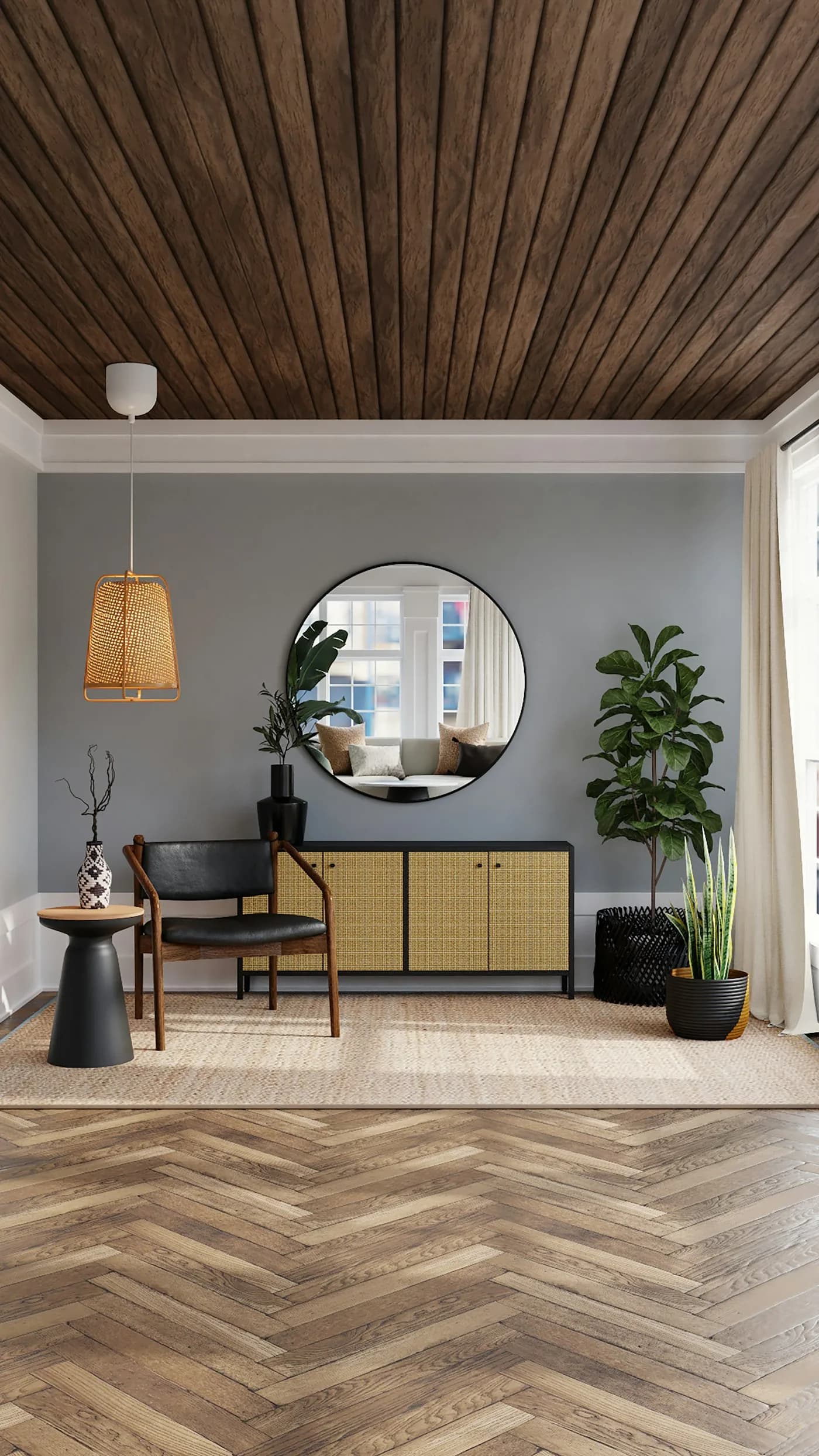Elegant grey dining nook with round mirror — dining room interior design Pune