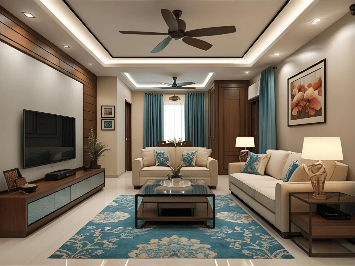 Indian living room with a full sofa set, teal curtains, patterned rug and wooden TV console — traditional interior design Pune