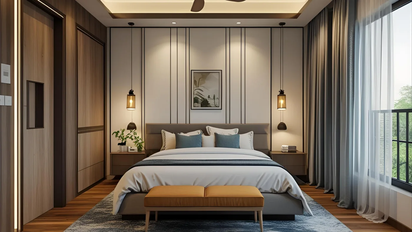 Bedroom with sliding-door wardrobe and panelled wall in a Kharadi apartment