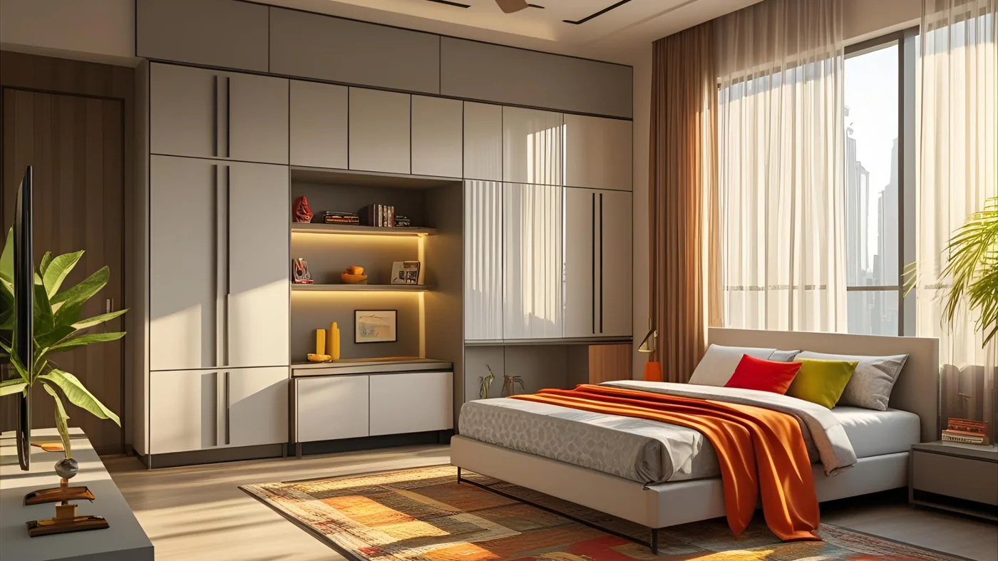 Children’s bedroom with fitted wardrobe, open shelving and study area in Kharadi