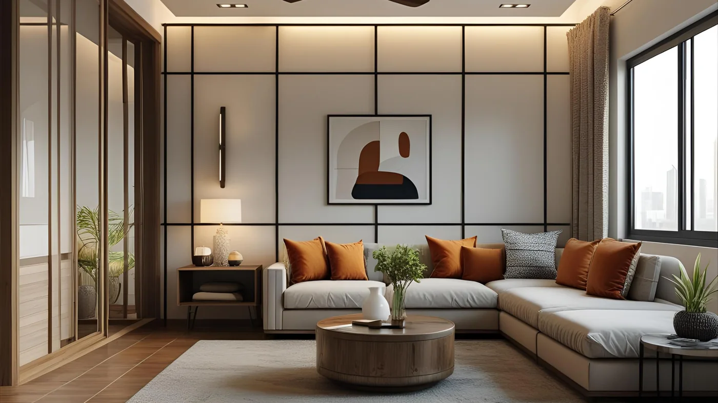 Living room with panelled feature wall and L-shaped sofa in a Kharadi apartment