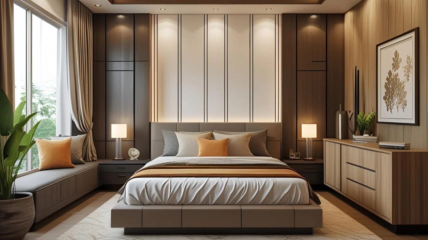 Master bedroom with full-height fitted wardrobe and panelled headboard wall in Kharadi
