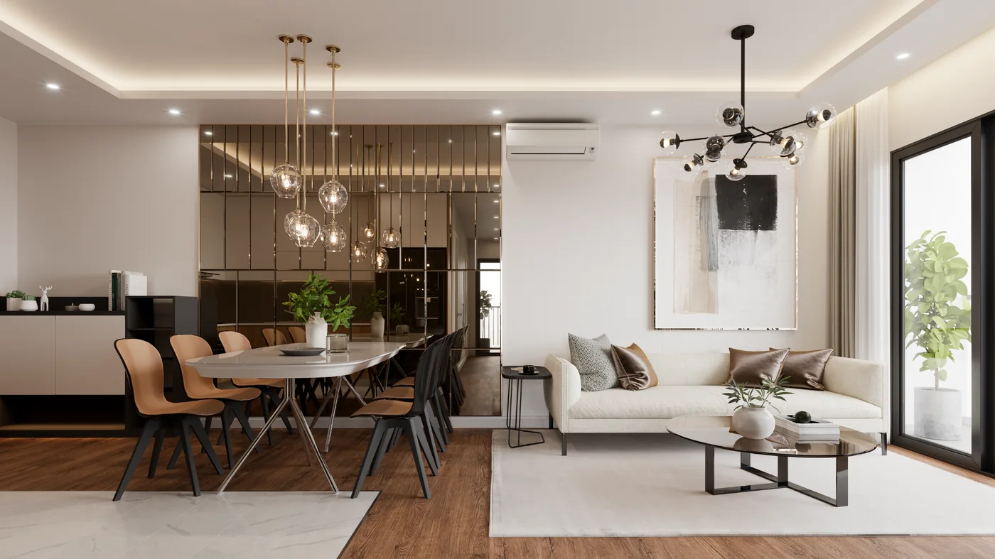 Open-plan living and dining area with pendant lighting in a Kharadi flat