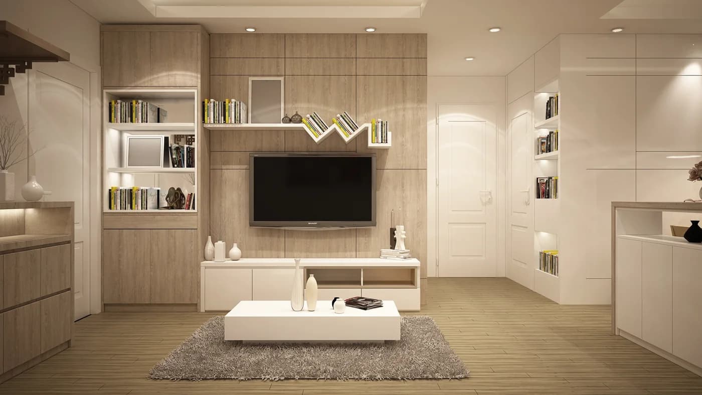 TV unit with open shelving and closed storage in a Kharadi living room