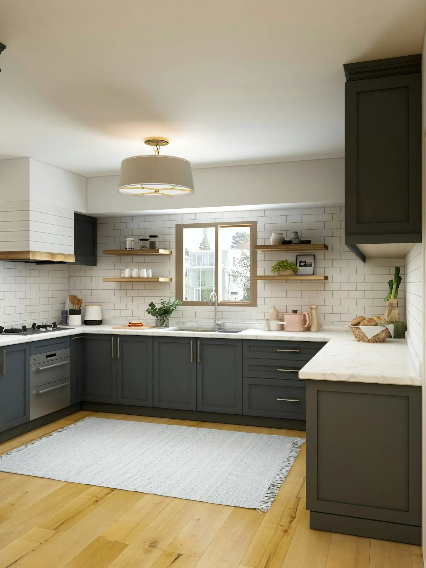 Charcoal and white modular kitchen with open shelving — modern kitchen design Pune