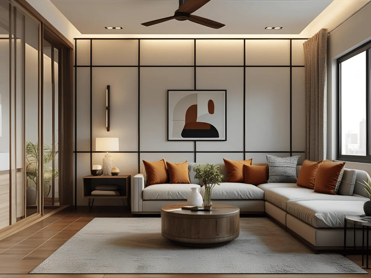 Living room with a grid-panelled feature wall, L-shaped sectional and mirrored storage run — premium interiors Pune