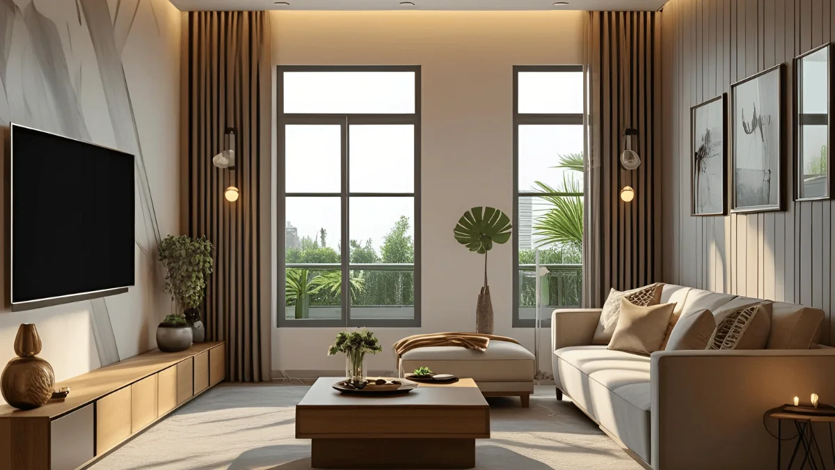 Premium living room with a panelled TV wall, floor-to-ceiling windows and layered cove lighting — home interior design Pune