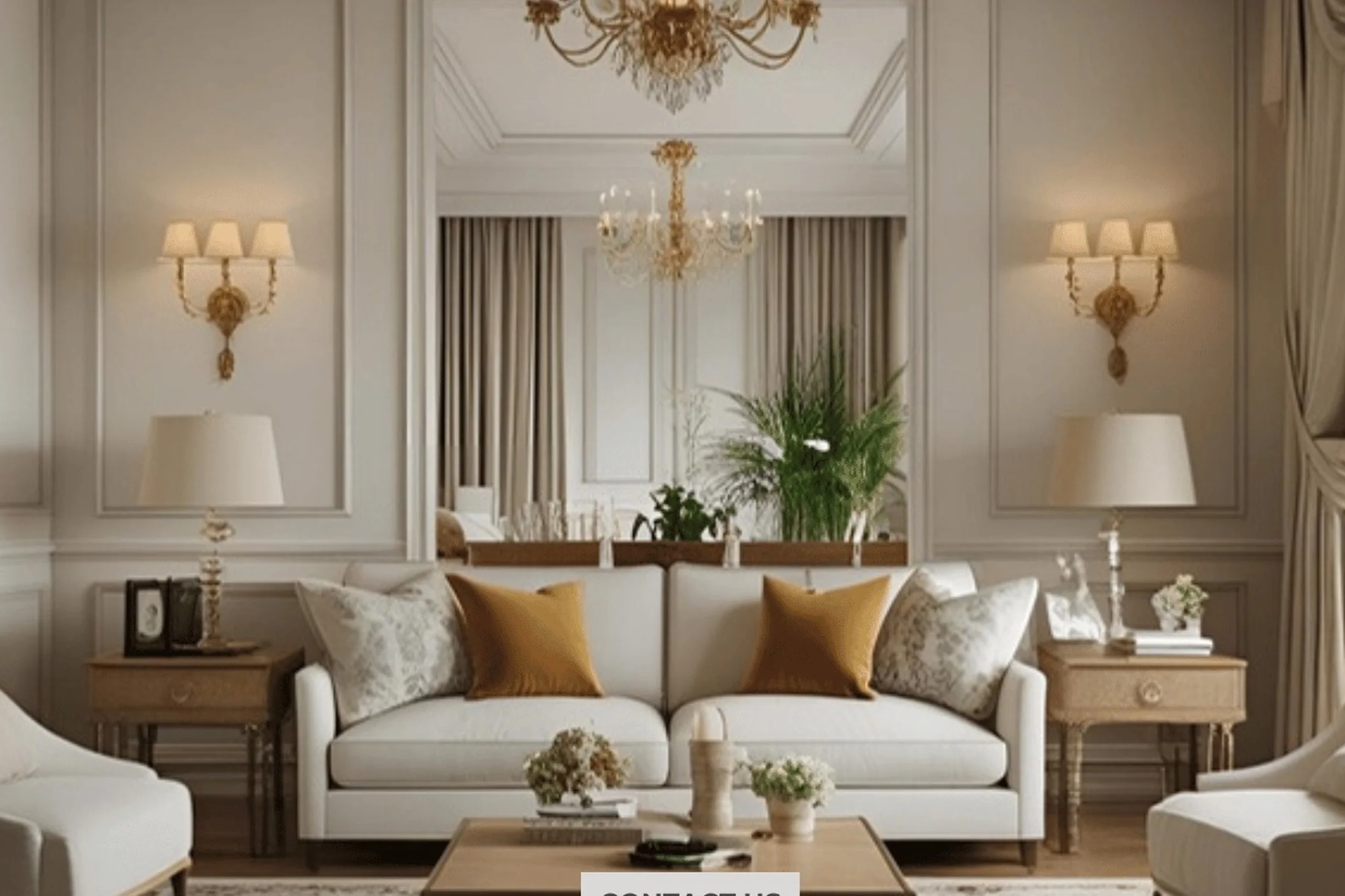 Classic living room with cornice detailing, chandelier and wall sconces — decorative false ceiling Pune