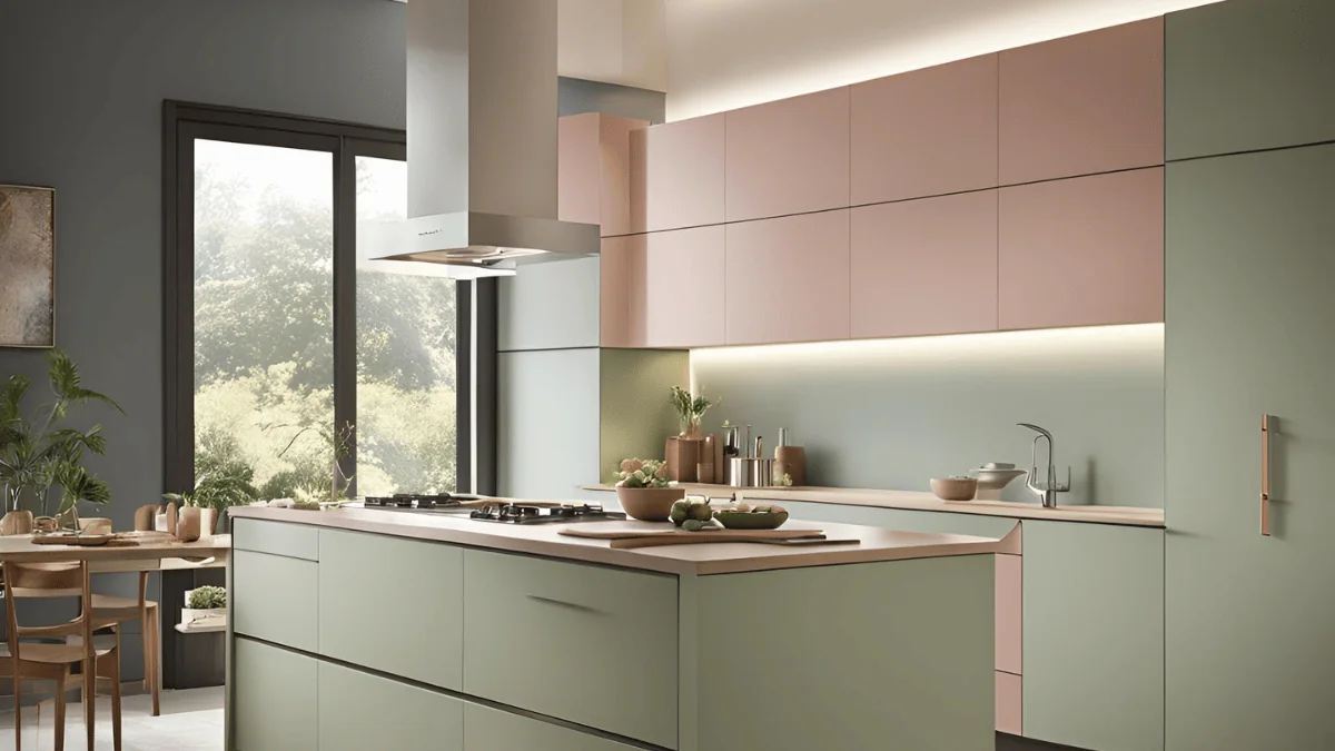 Sage green modular kitchen with a cooking island, chimney hood and handleless shutters — modular kitchen design Pune