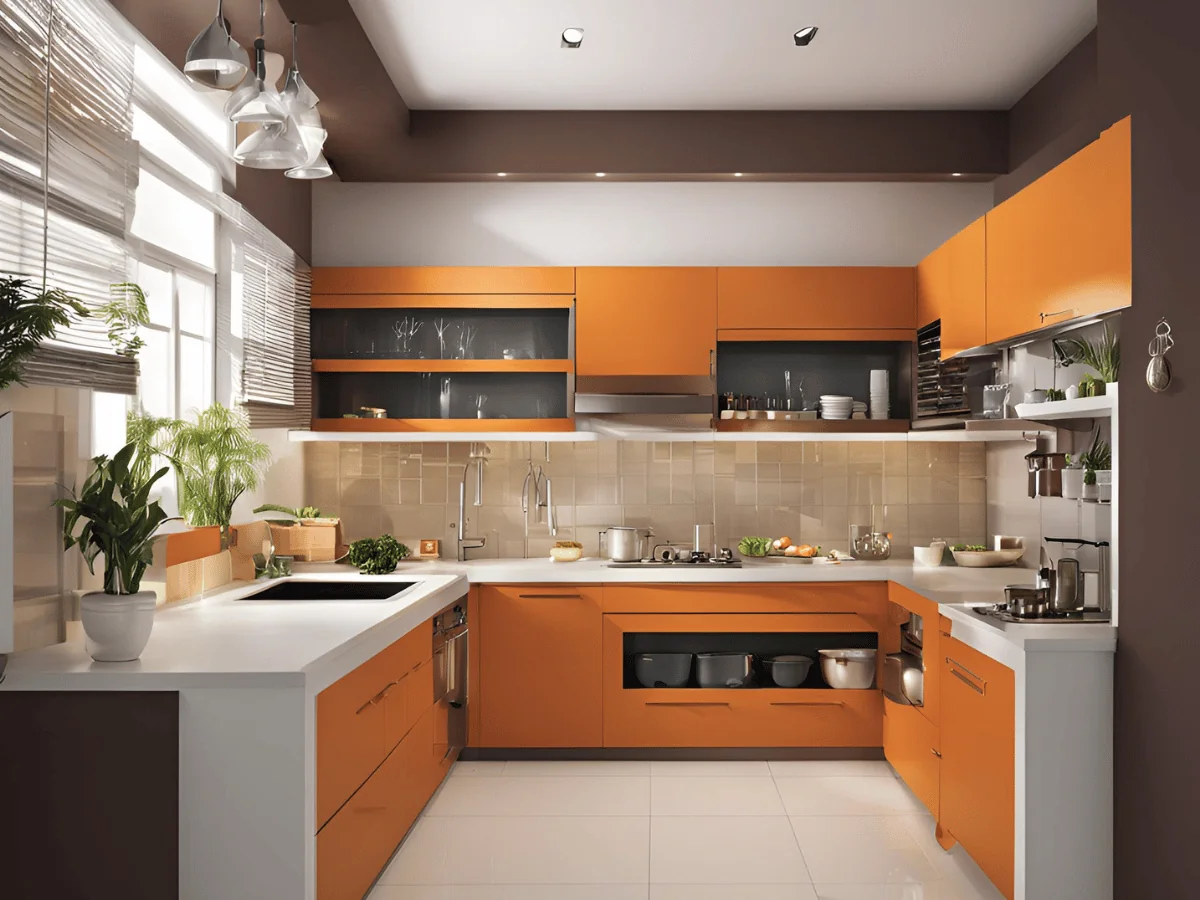 Orange and white L-shaped modular kitchen with tall wall units and under-cabinet lighting — L-shaped kitchen design Pune