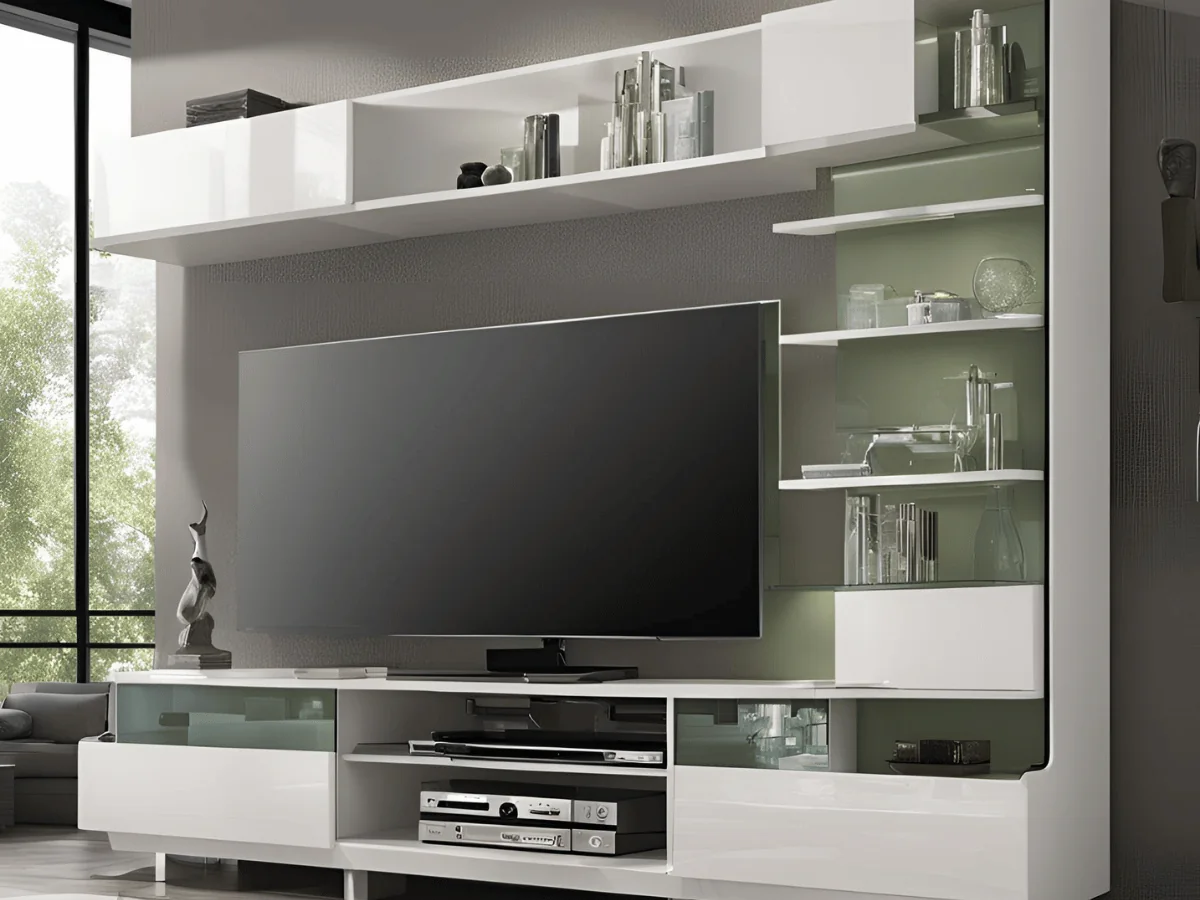 TV cabinet with glass display shelving and closed drawer storage below the screen — TV cabinet design Pune